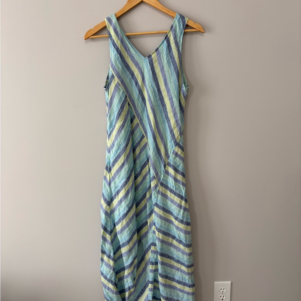 J. Jill Linen Natural Boho Sleeveless Striped V-Neck Maxi Dress Light Blue Green - Picture 3 of 5